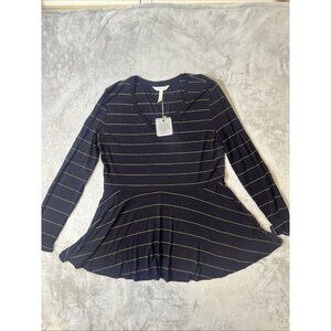 Matilda Jane Women’s Navy Blue Gold Stripe Peplum Long Sleeve Top Large